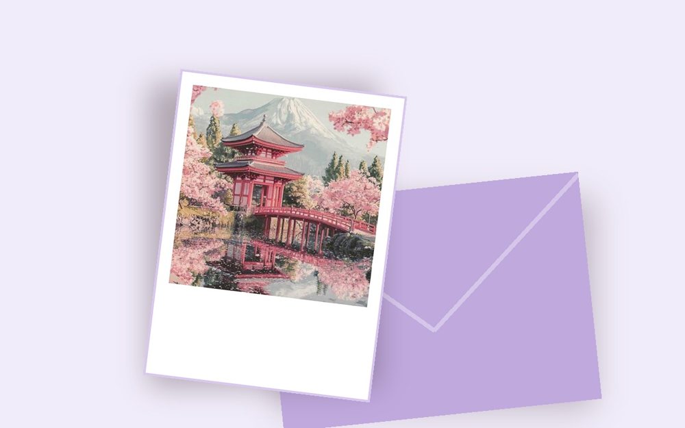 A greeting card with a pagoda picture on the front and a lilac envelope (mock up)