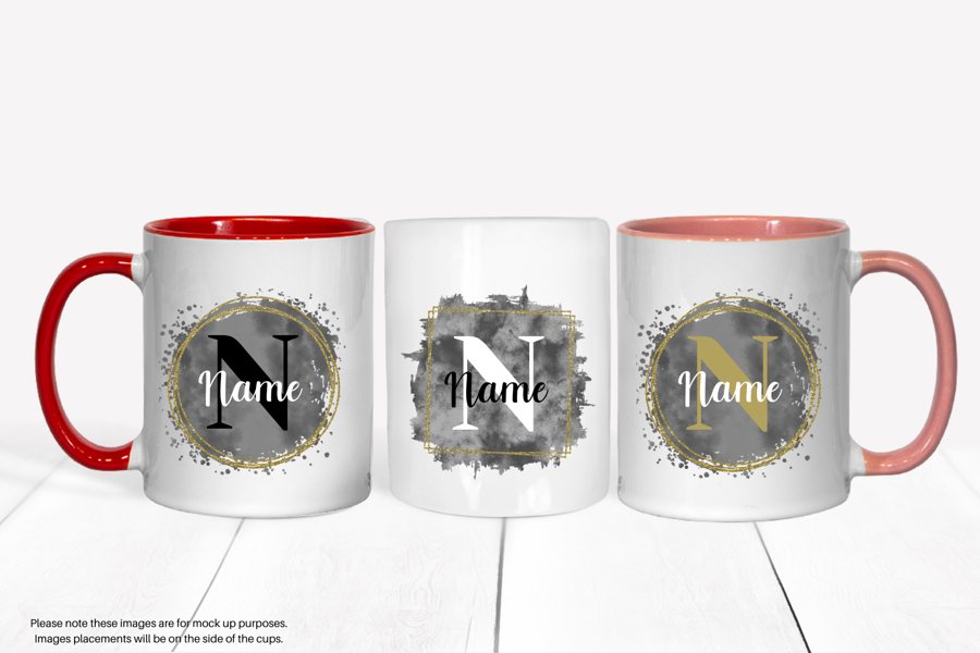 A mug with a gold-framed initial and a name, shown from three sides (mock up)