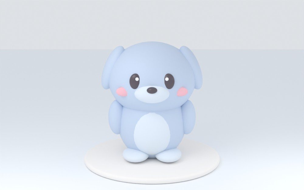 A cute blue puppy-style 3D printed figure standing on a base plate (mock up)